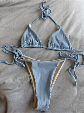 Zaful Light Blue Ribbed String Bikini